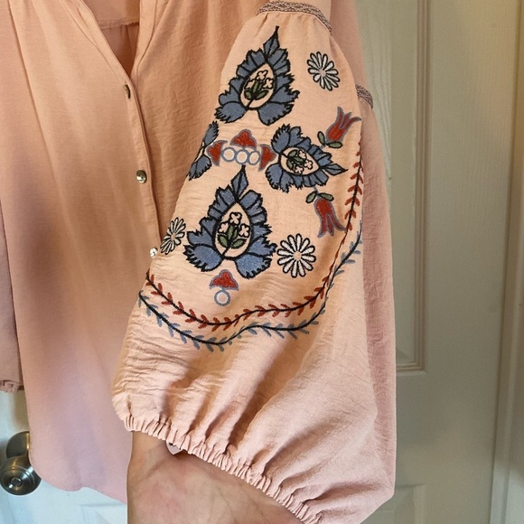 Fig&Flower  Pink Embroidered Button Down Blouse Size L - Picture 6 of 11